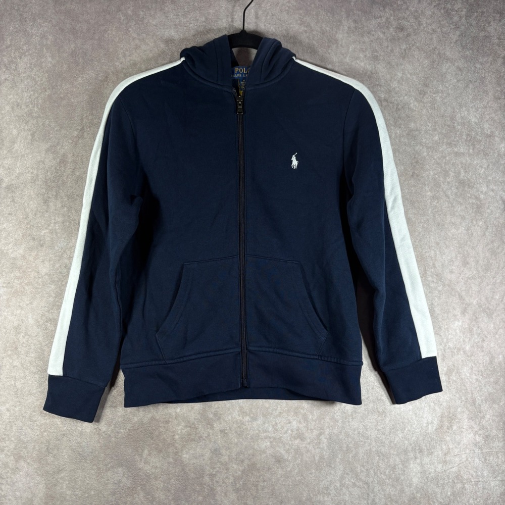 Polo Ralph Lauren Hoodie Sweater Boys M 10-12 Navy Logo Fleece Zip Preppy Active